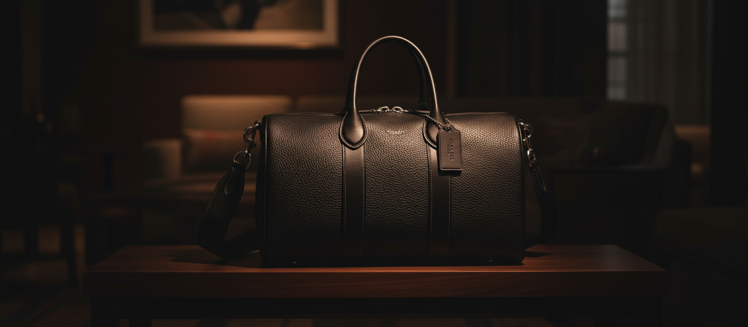 Structured black pebbled-leather travel duffle resting on a walnut bench in a dark hotel suite