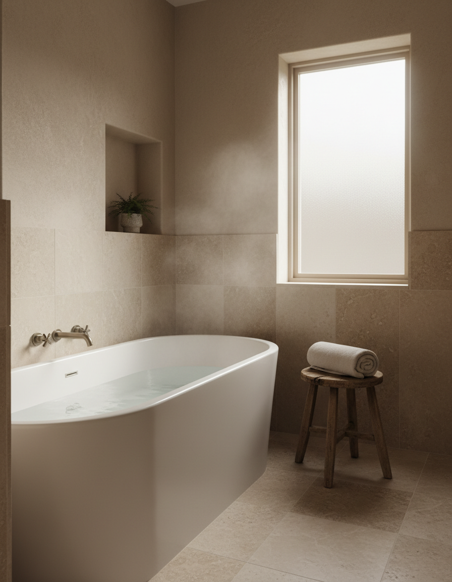 Quiet bathroom corner with a filled bathtub and a rolled linen towel on a wooden stool