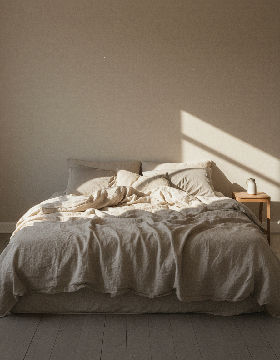 Unmade linen bedding with bands of early morning sun across the sheets