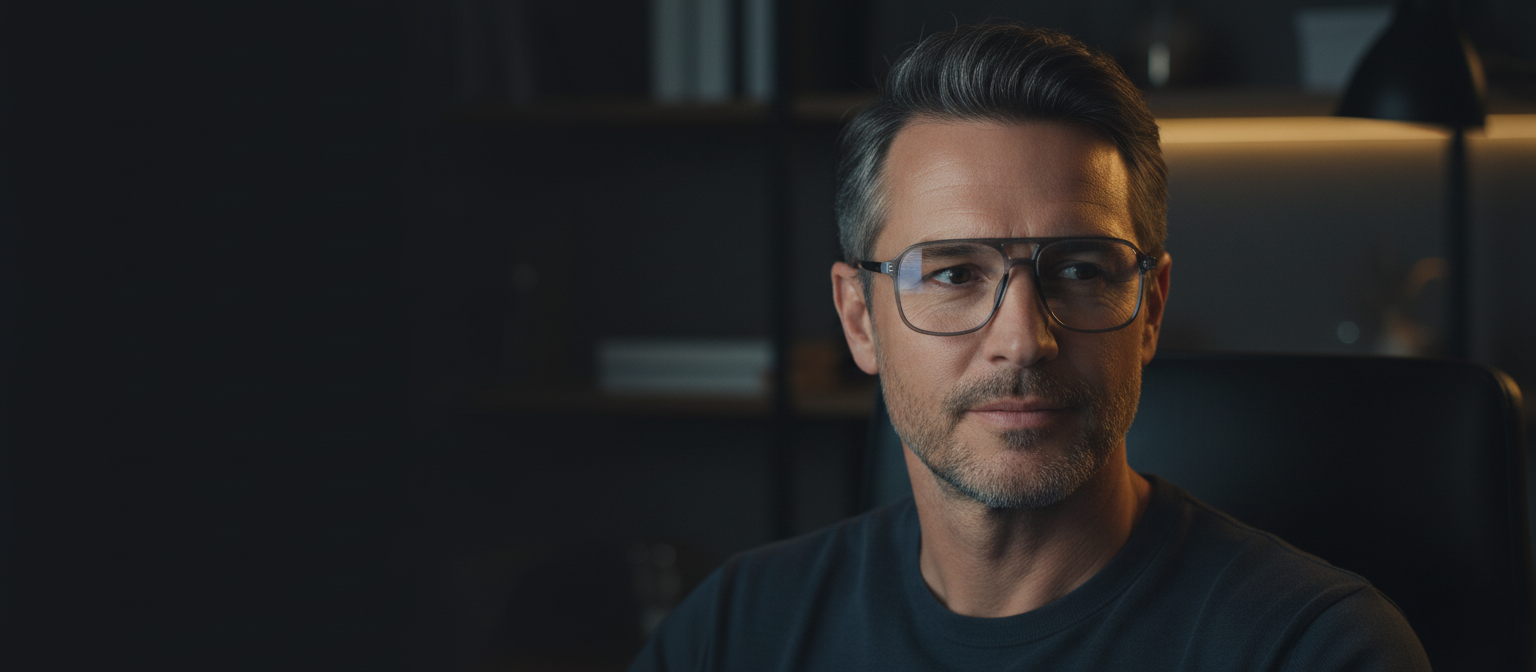 Man in his forties wearing VZN Frames St Barts Sterling Clear blue light glasses at his desk in the evening