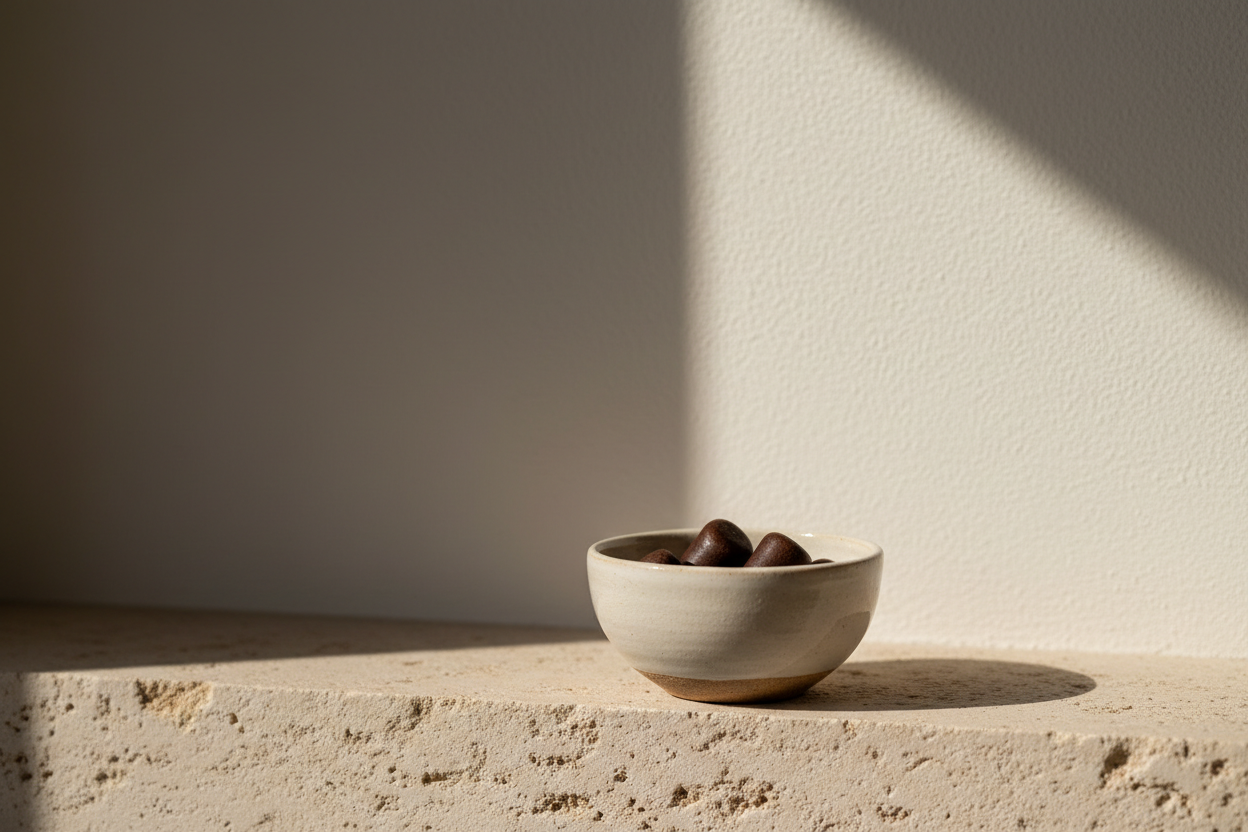 A cream stoneware bowl of dark soft chews on a limestone ledge in raking sunlight