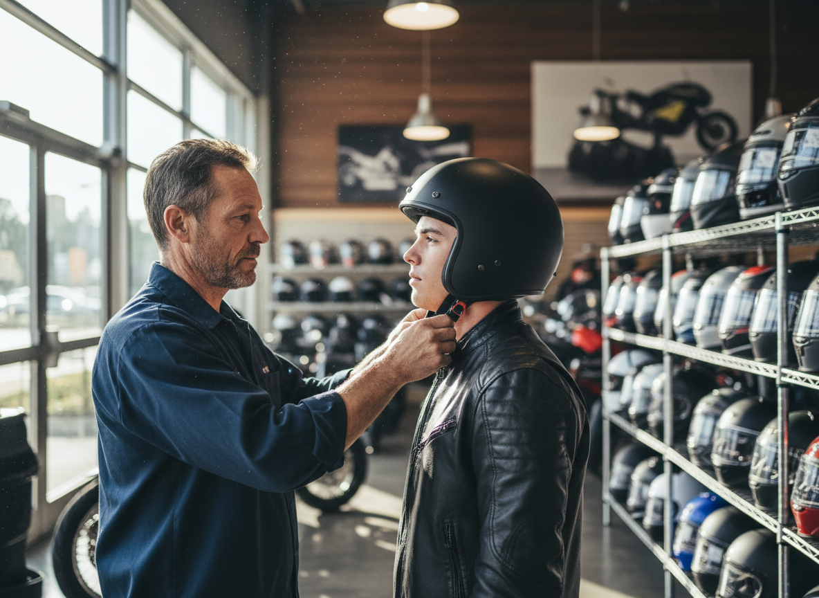 Monteur van RBR motoren helpt een klant met het passen van een motorhelm