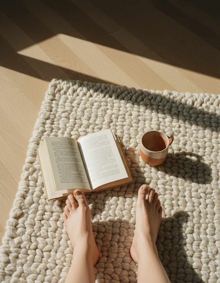 Bare feet on a wool rug beside an open book and a ceramic cup in morning light