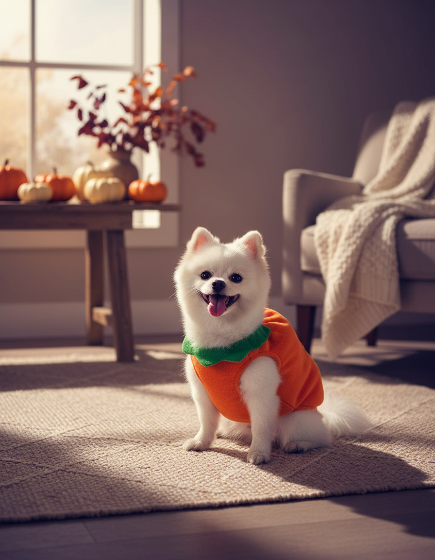 Perro con el disfraz de calabaza sentado en un salón decorado para Halloween