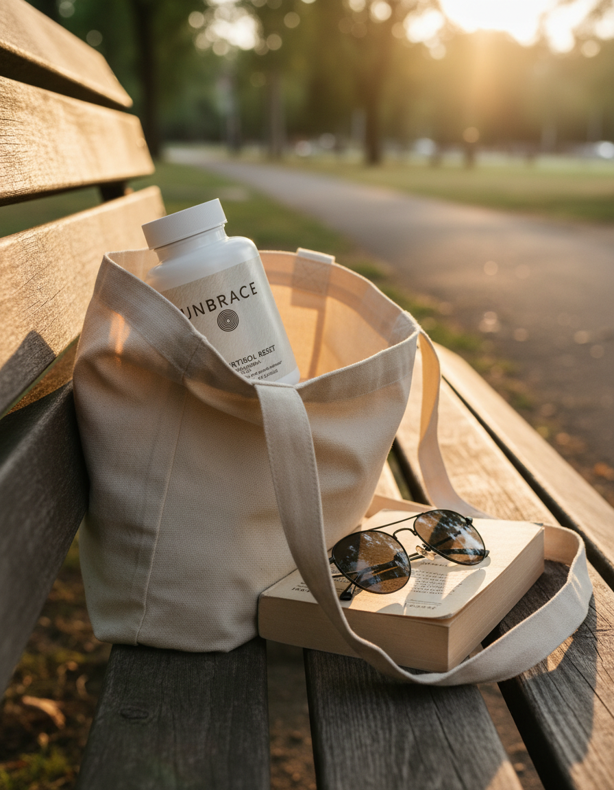 The Cortisol Reset tucked into a canvas tote bag with sunglasses on a sunlit bench