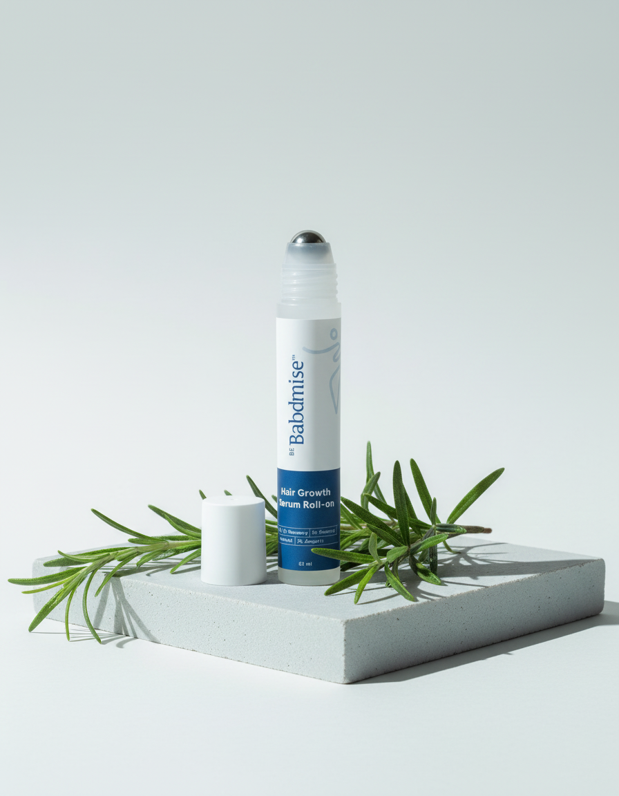 Hair Growth Serum Roll-On standing on a pale stone plinth beside fresh rosemary sprigs