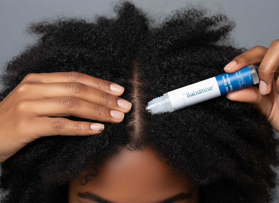 Close-up of hands parting natural coily hair and rolling the serum applicator along the scalp line