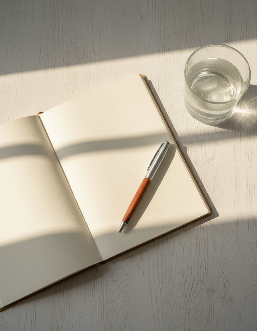 Open journal with a pen beside a glass of water on a pale oak table