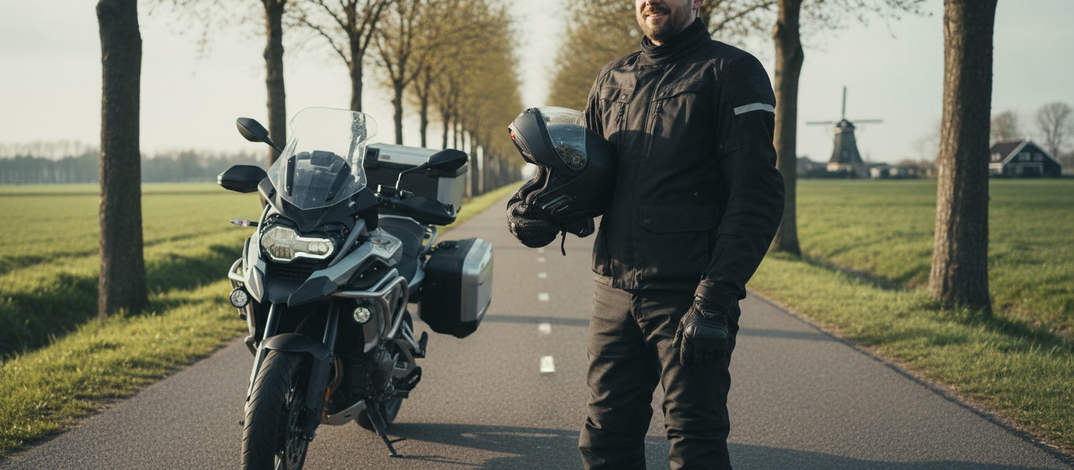 Motorrijder met matzwarte systeemhelm naast zijn motor