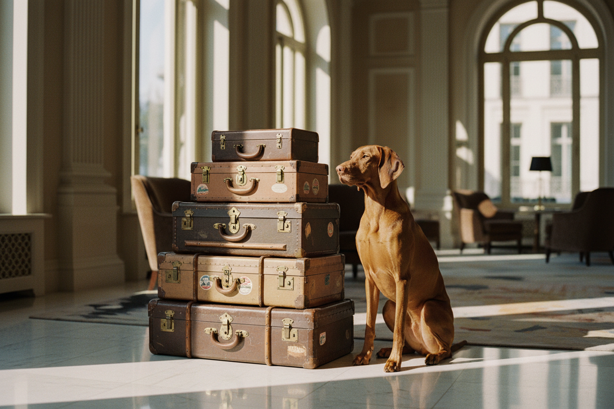 A Vizsla seated beside stacked vintage leather travel trunks in a sunlit grand hotel lobby