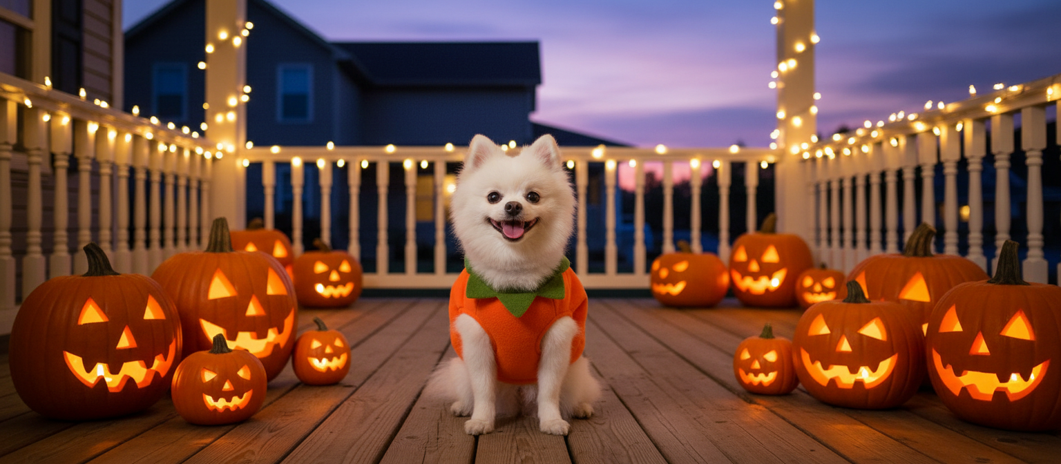 Perro pequeño con disfraz de calabaza en un porche rodeado de calabazas iluminadas al atardecer