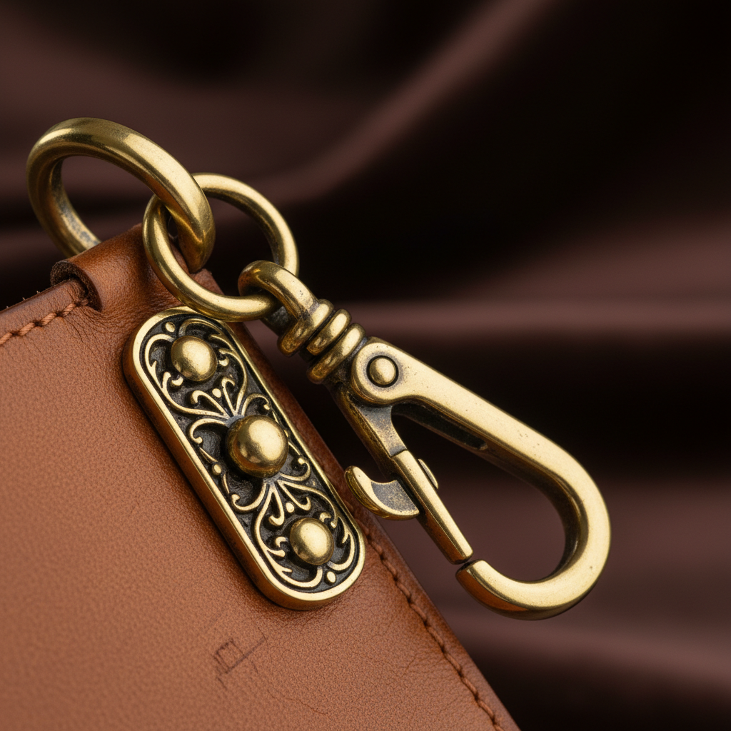Macro detail of the antique brass clasp and swivel hook