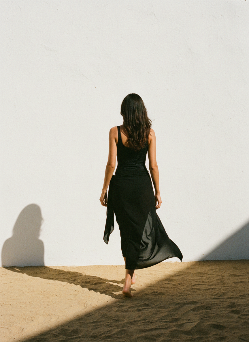 Woman in black swimwear walking beside a sunlit white wall