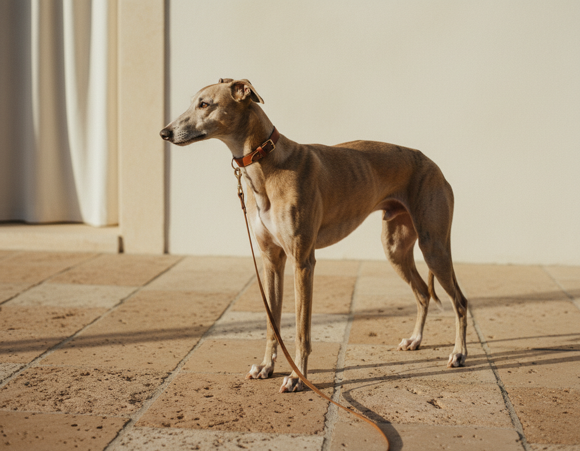 A whippet in a slim tan leather collar standing on warm travertine stone in late afternoon light