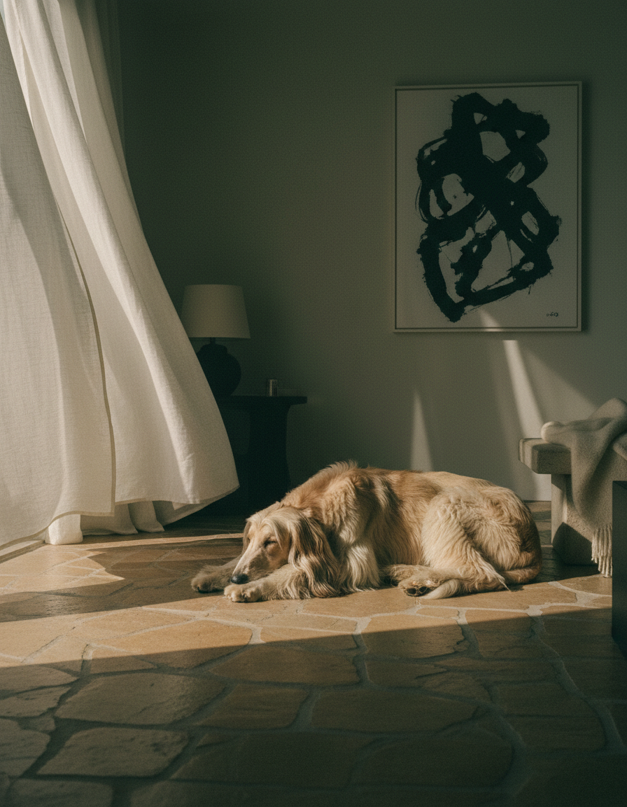 An Afghan Hound resting on warm stone flooring in a softly lit evening room