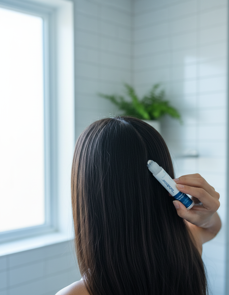 Woman parting her hair and applying the rollerball serum to her scalp