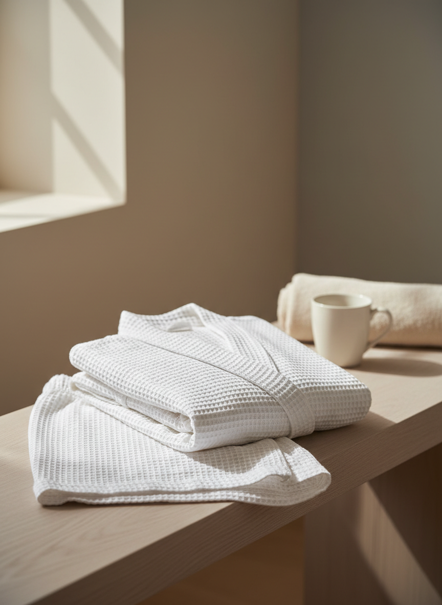 Folded white waffle-cotton robe and short pyjama set in soft morning light