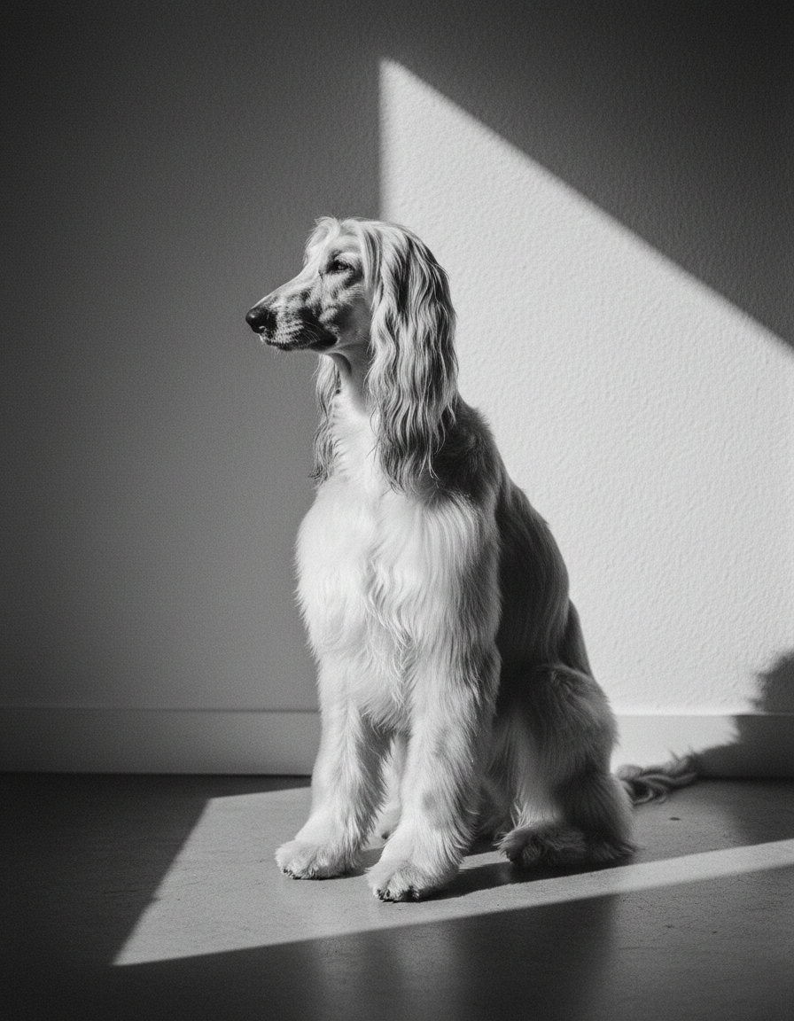 Black and white portrait of a long-haired hound in profile against a sunlit plaster wall