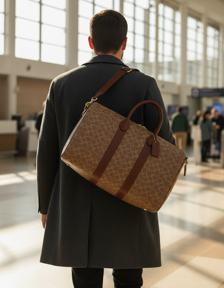 Traveller in a charcoal overcoat carrying a tan leather backpack through a sunlit airport terminal