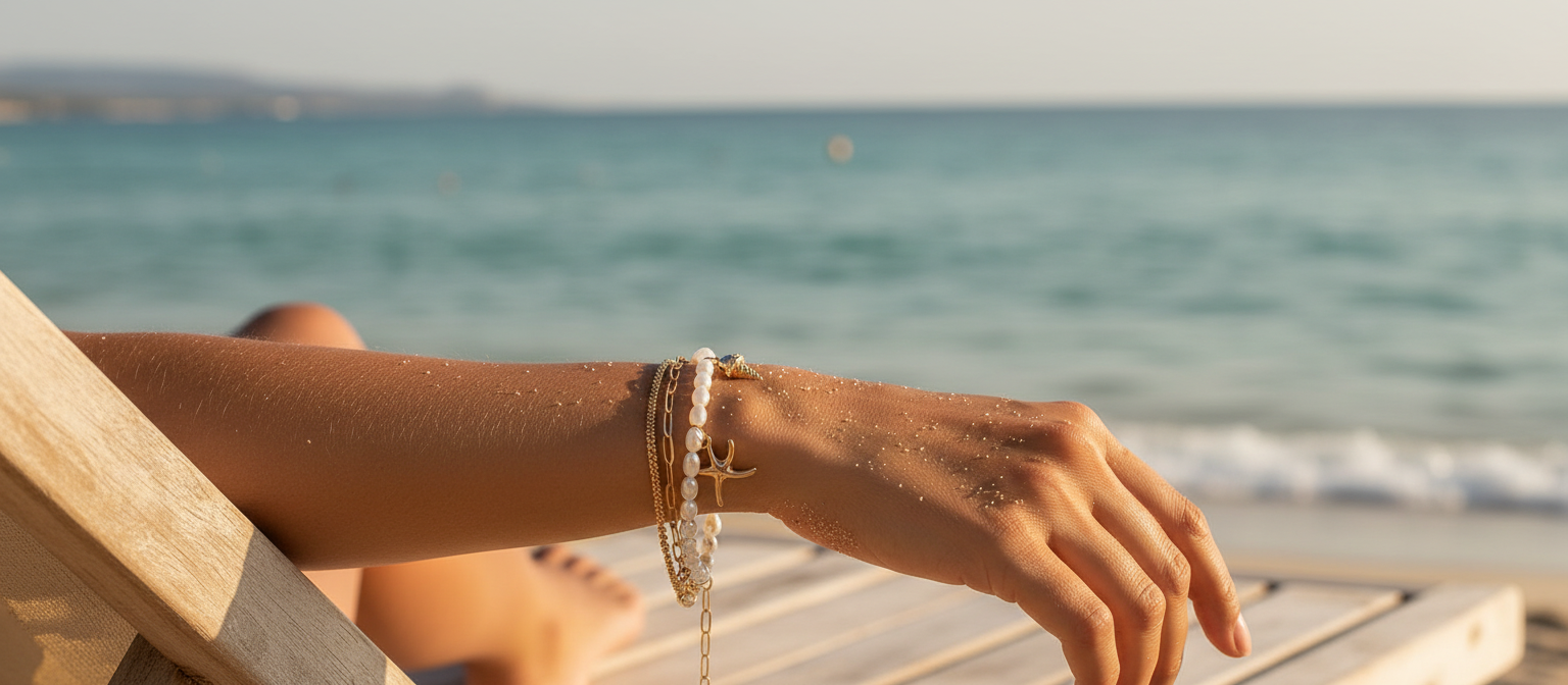 Gold and pearl charm bracelet on a wrist resting on a sun lounger by the sea at golden hour