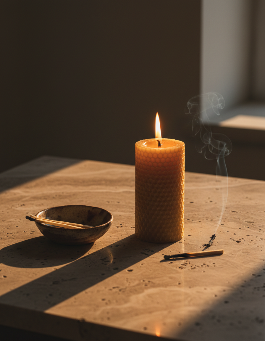 A lit beeswax candle and a spent match on a travertine table in evening light
