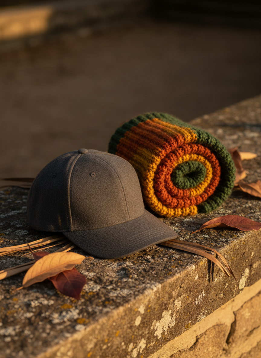 Wool-blend snapback cap and rolled knit scarf on a sunlit stone ledge