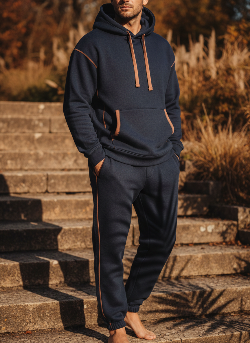 Man in a heavyweight pullover hoodie and fleece sweatpants in low autumn sun