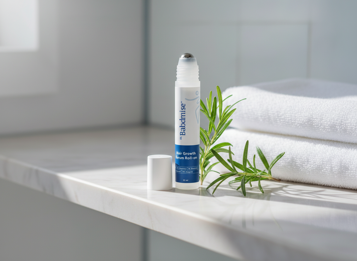 The rollerball serum bottle on a marble bathroom shelf beside fresh rosemary