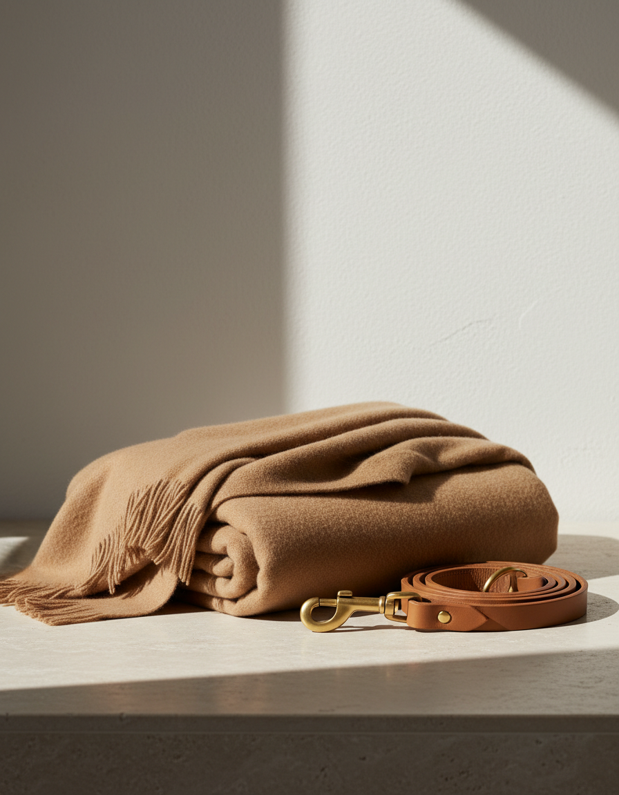 A folded camel cashmere throw and a rolled tan Italian leather lead with brass hardware on a travertine surface