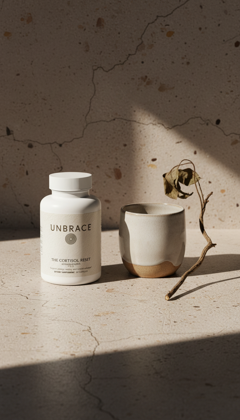 The Cortisol Reset bottle on a raw microcement countertop beside a hand-thrown ceramic cup and a dried branch