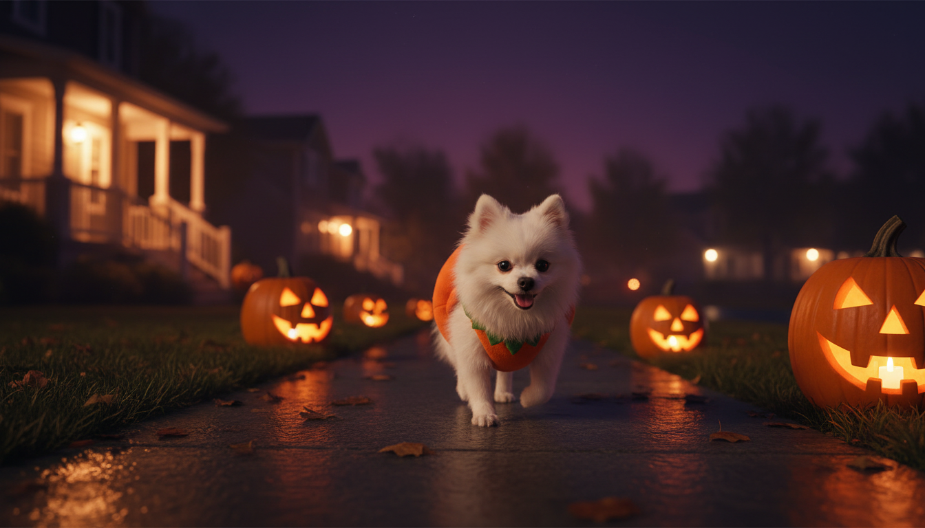 Perro pequeño con el disfraz de calabaza en un porche rodeado de calabazas y luces