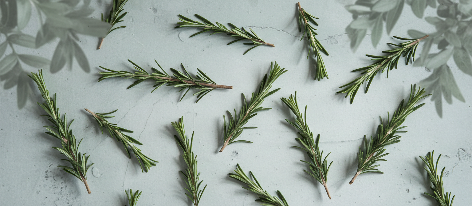 Fresh rosemary sprigs laid across a pale cool stone surface