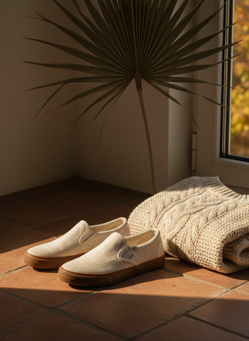 Canvas slip-on sneakers on warm terracotta tile beside a folded knit sweater