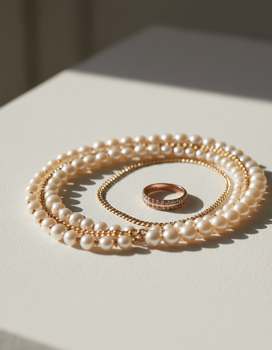 Layered faux-pearl necklace, gold curb chain and rose-gold ring on a plaster surface