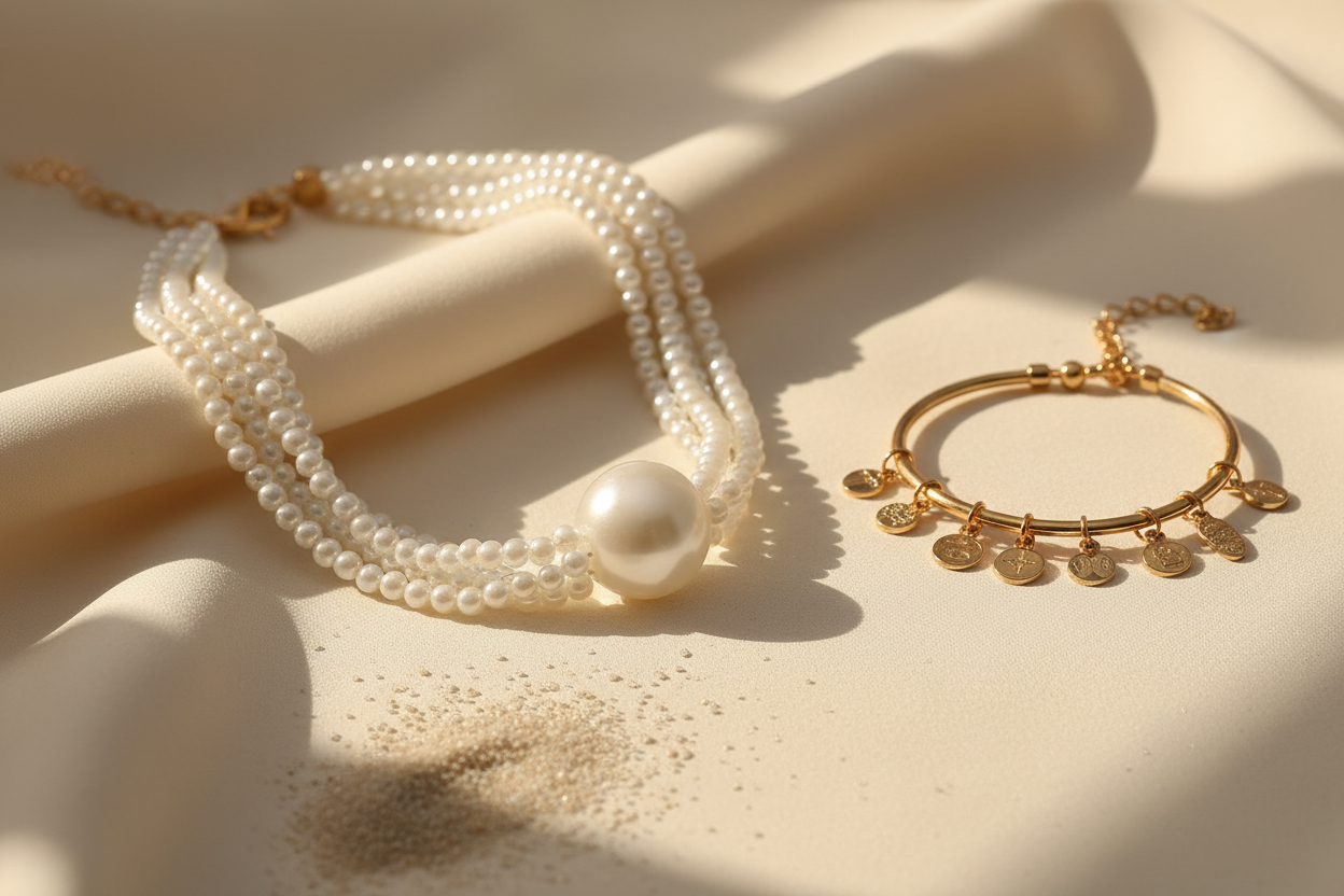 Gold-tone pearl chain necklace and charm bracelet resting on ivory fabric