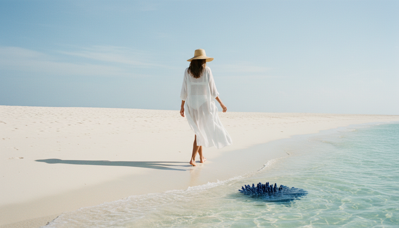 Woman walking along a sunlit white-sand beach beside turquoise water