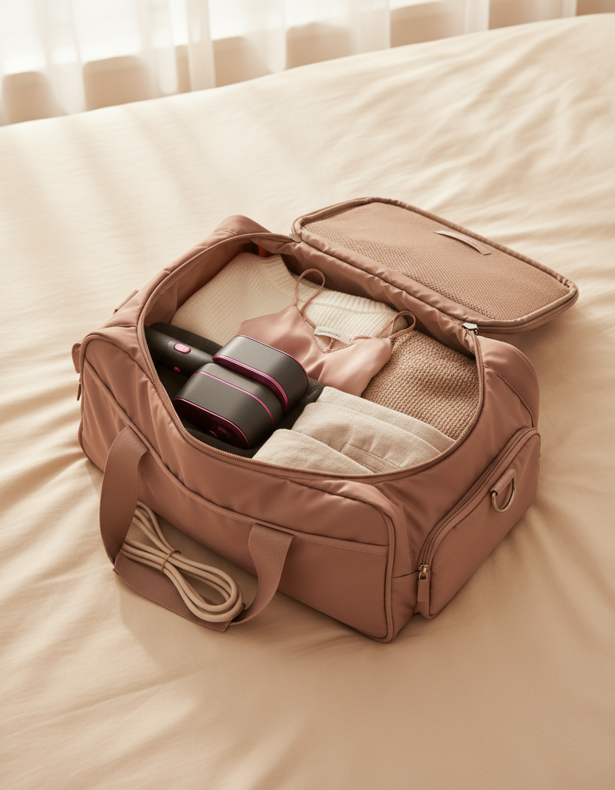 The handheld steamer packed in an open weekend bag beside folded clothes