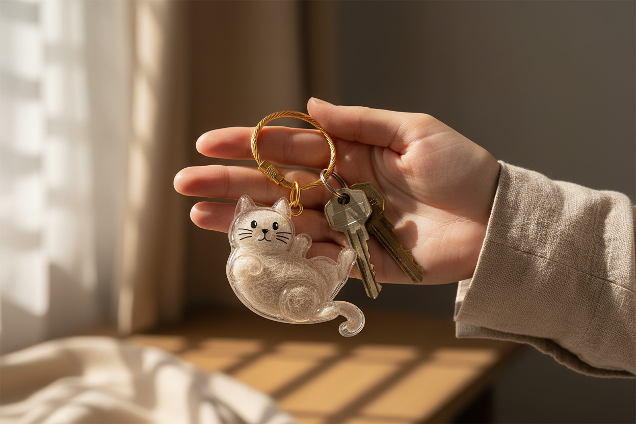 Mano sosteniendo el llavero transparente con el pelo de su gato junto a las llaves de casa