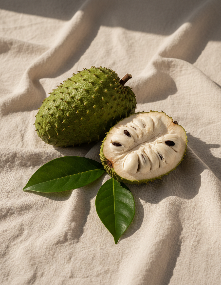 A whole green soursop fruit beside a halved one on cream linen