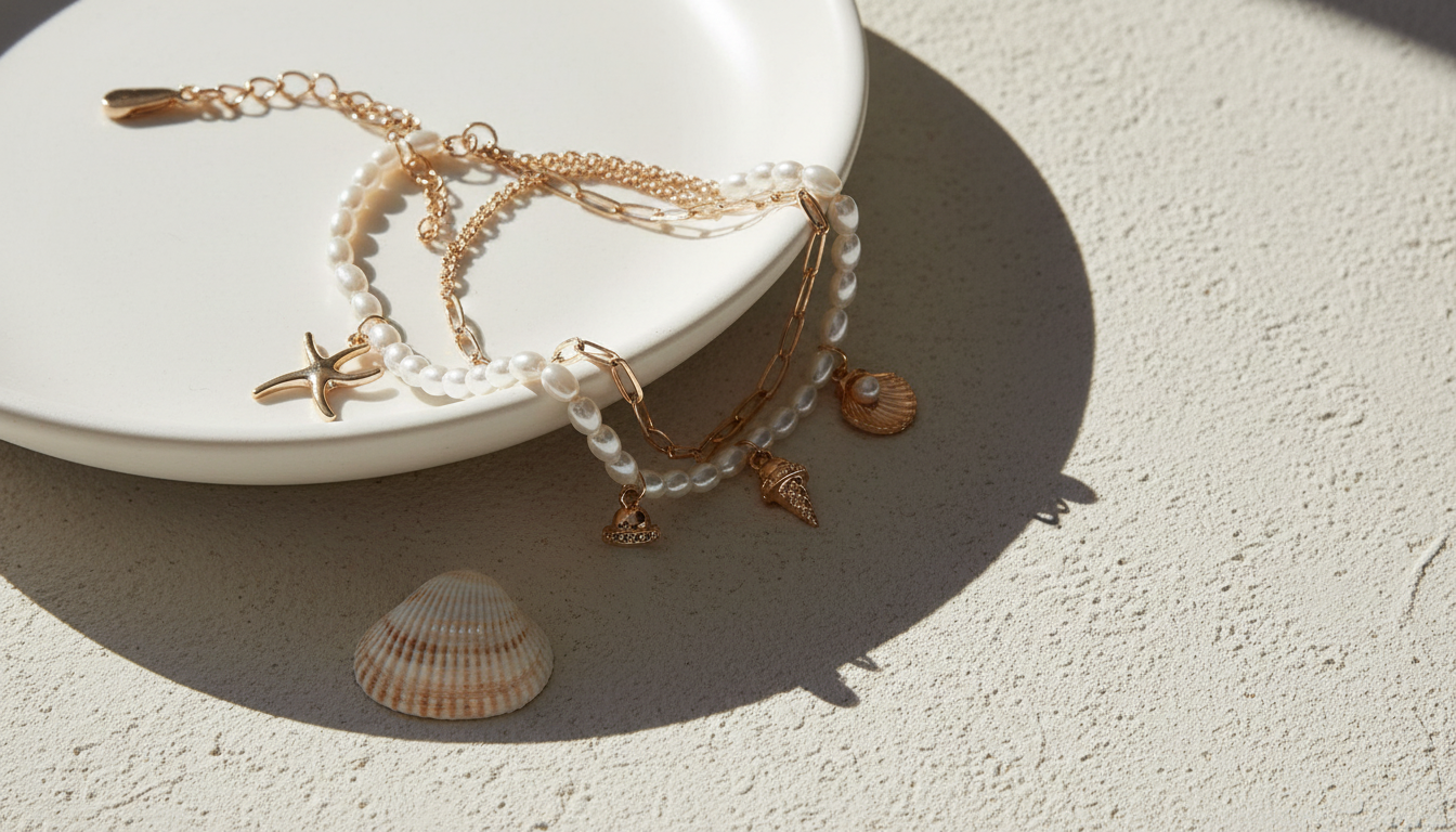 The charm bracelet draped over a white ceramic dish in hard afternoon sunlight