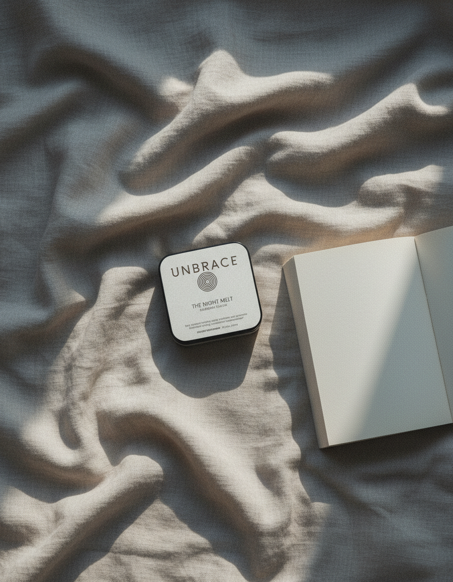 The Night Melt lying on rumpled linen bedsheets next to a paperback