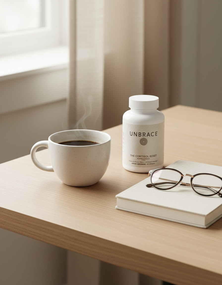 The Cortisol Reset on a pale oak desk beside a cup of coffee and a closed notebook