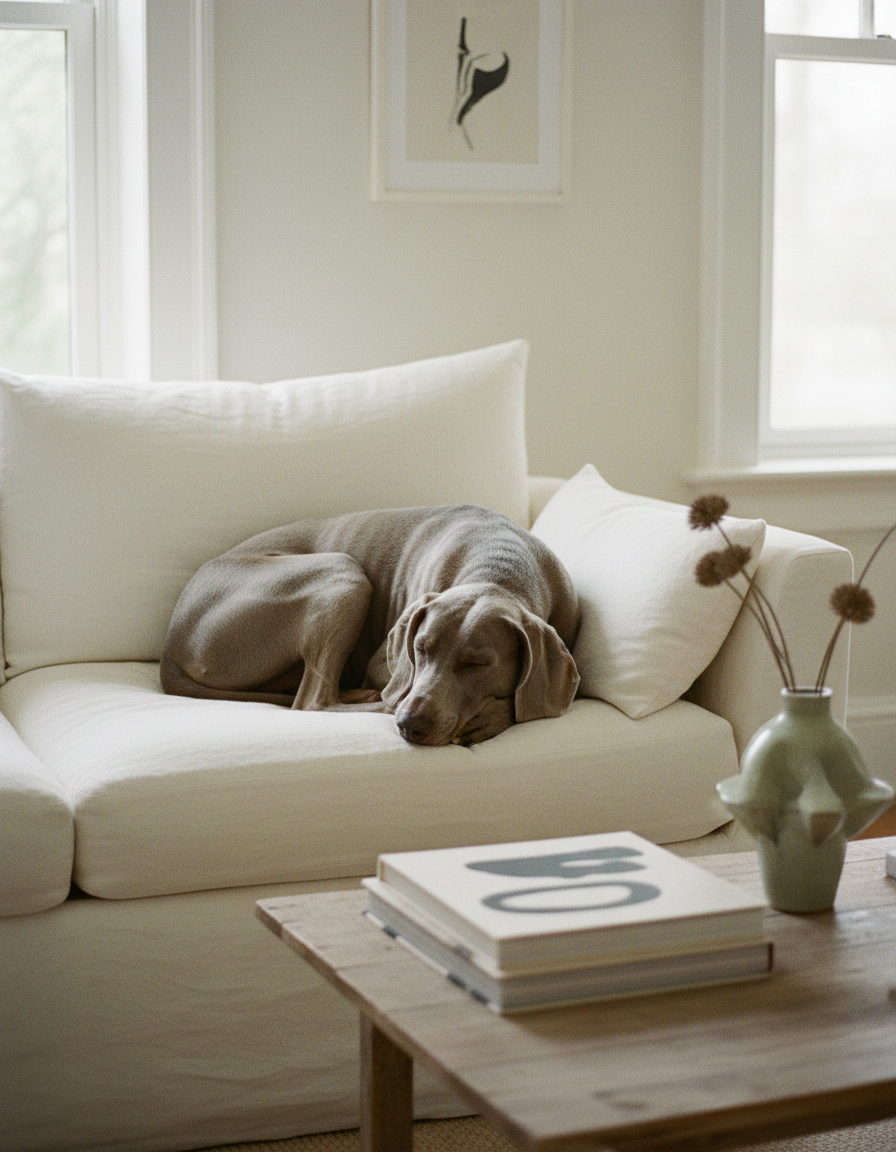 A grey Weimaraner asleep on a linen sofa beside art books in soft window light