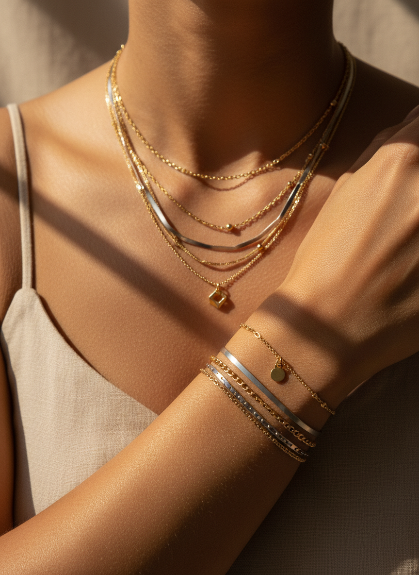 Fine gold and steel chain jewellery worn on a sunlit collarbone
