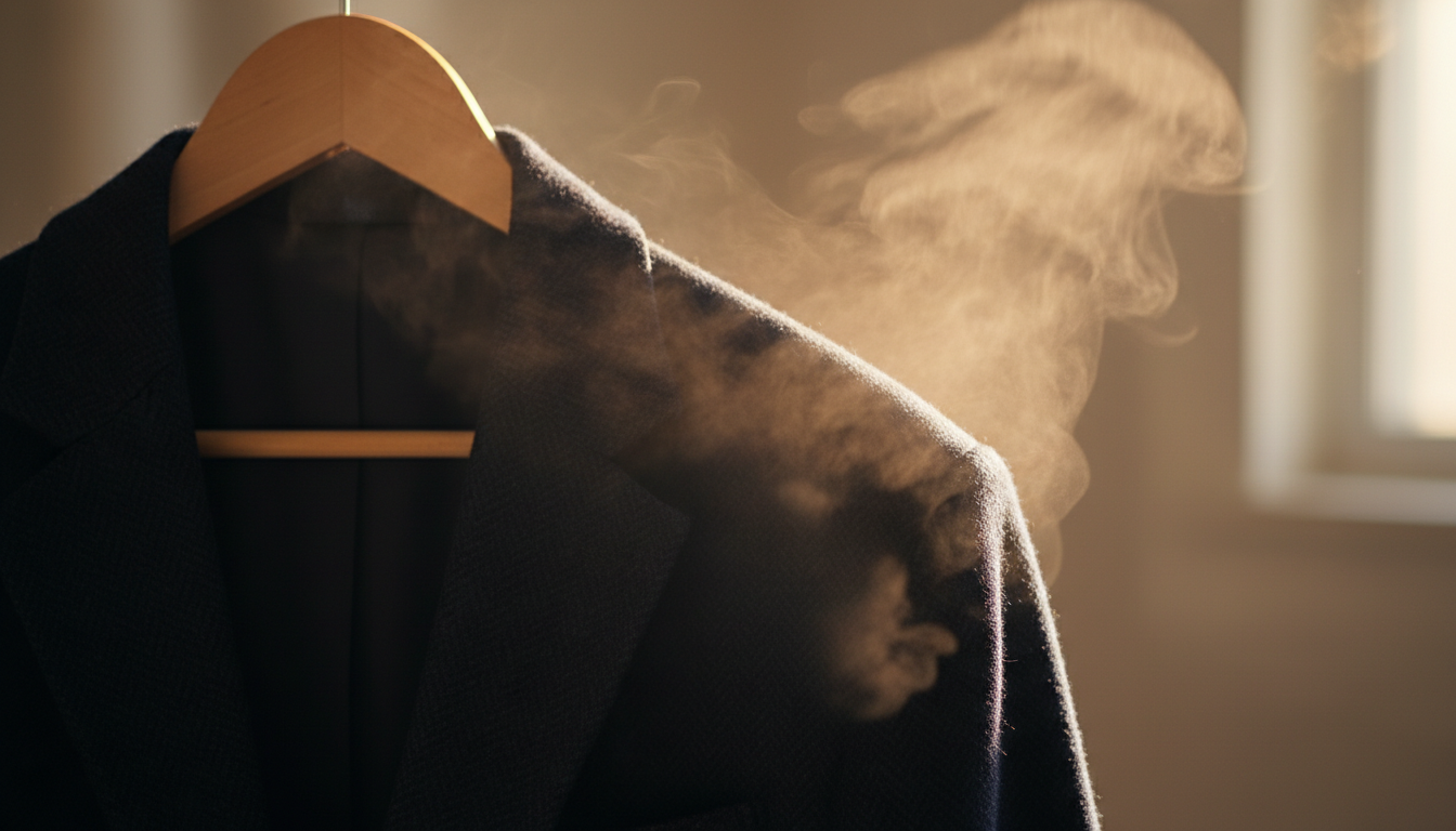 Steam rising through the fibres of a dark wool blazer on a hanger