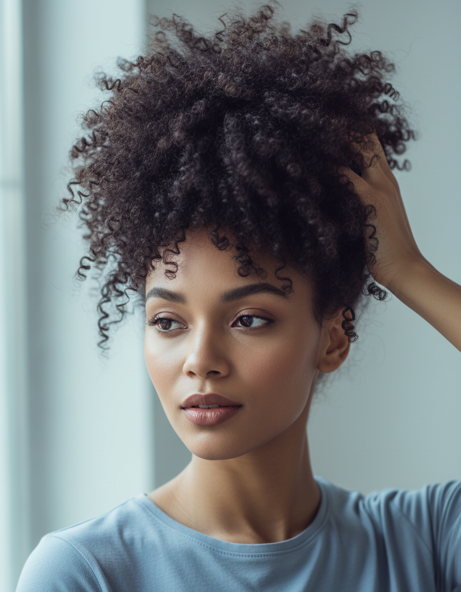 Portrait of a woman with healthy natural coily hair touching the crown of her head