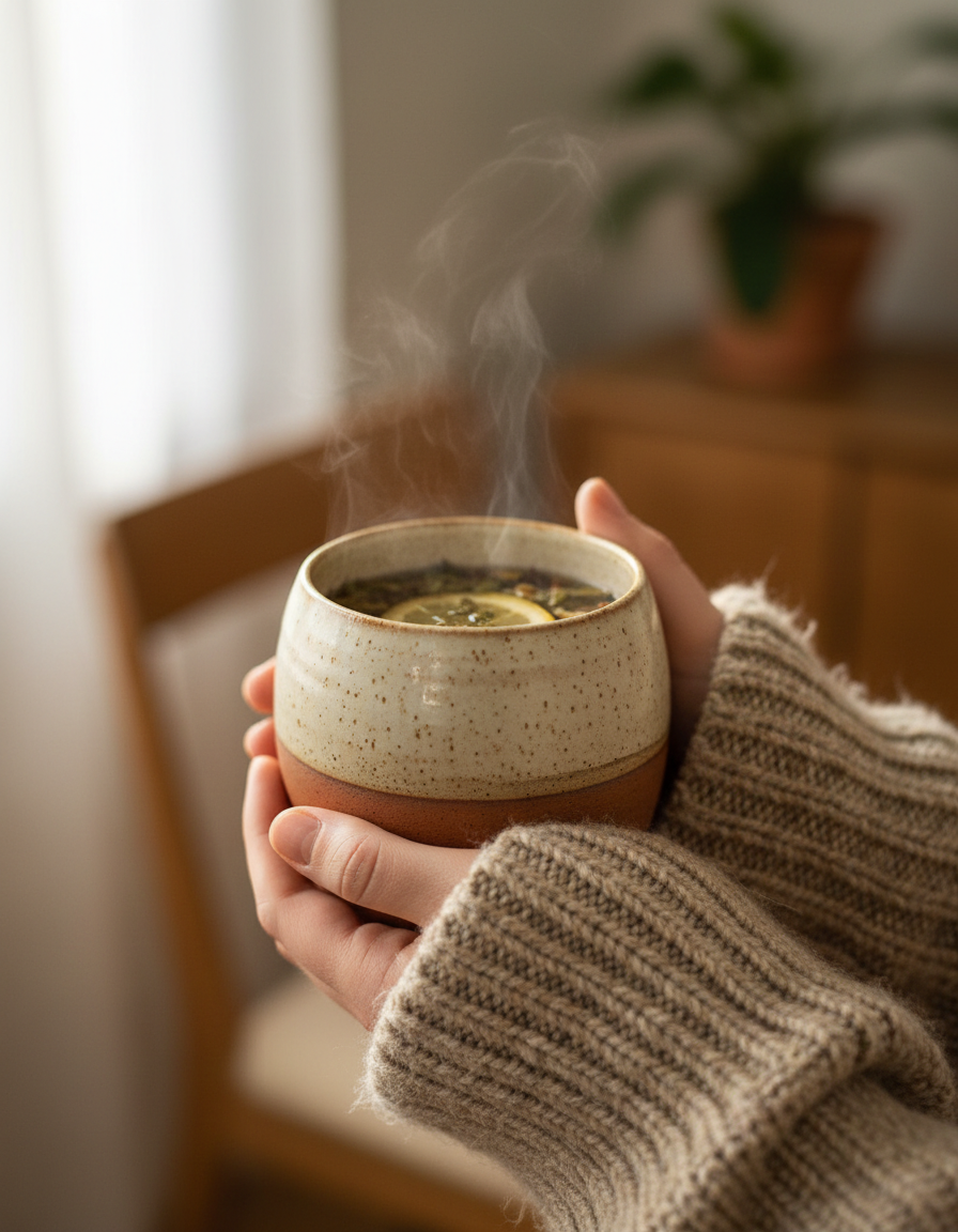 Two hands wrapped around a speckled ceramic mug of herbal tea in window light
