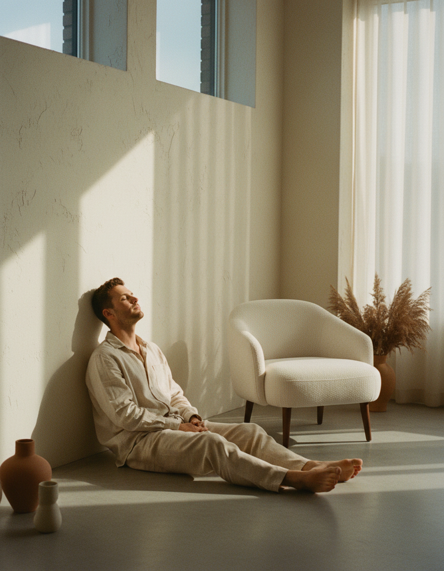 Man sitting on the floor of a sunlit apartment with his head tilted back and eyes closed