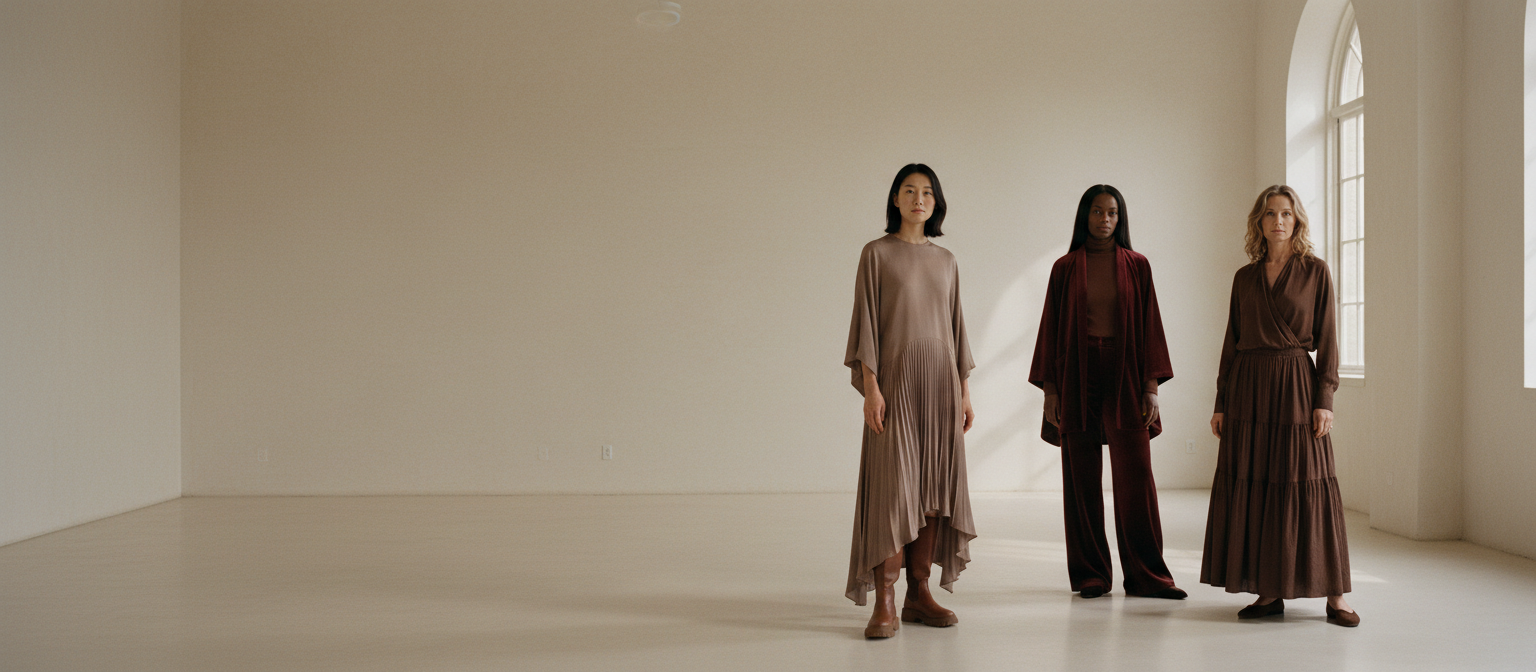 Three women in elegant autumn outfits standing in a warm, sunlit gallery space