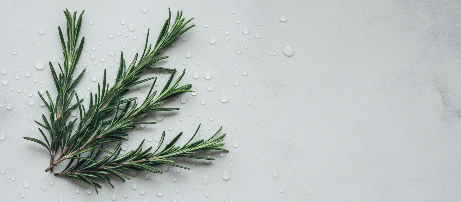 Fresh rosemary sprigs on a pale stone surface